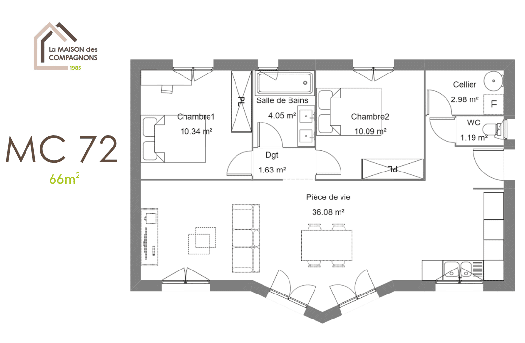 MC72 (1) - Maison de plain-pied avec bow-window modele maison plain pied - maison plain pied - maison clé en main - la maison des compagnons - maison biosourcée - plan de maison
