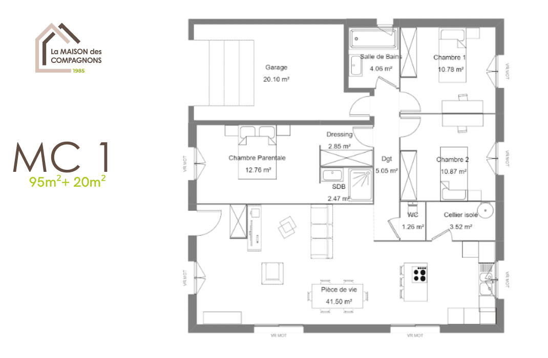 - maison plain pied - modele maison plain pied - plan maison plain pied - constructeur maison individuelle rhone alpes - construction maison - modele maison avec garage - la maison des compagnons - mc1