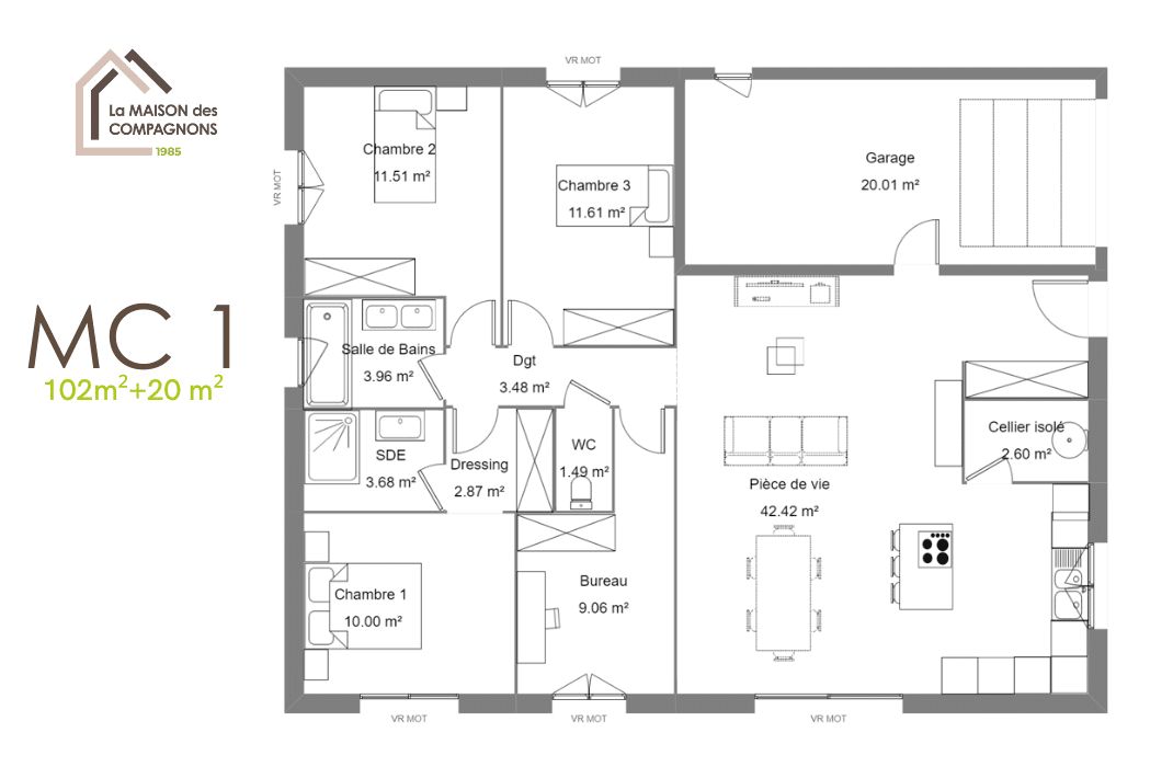 MC1 (6) - maison plain pied - modele maison plain pied - plan maison plain pied - constructeur maison individuelle rhone alpes - construction maison - modele maison avec garage - la maison des compagnons