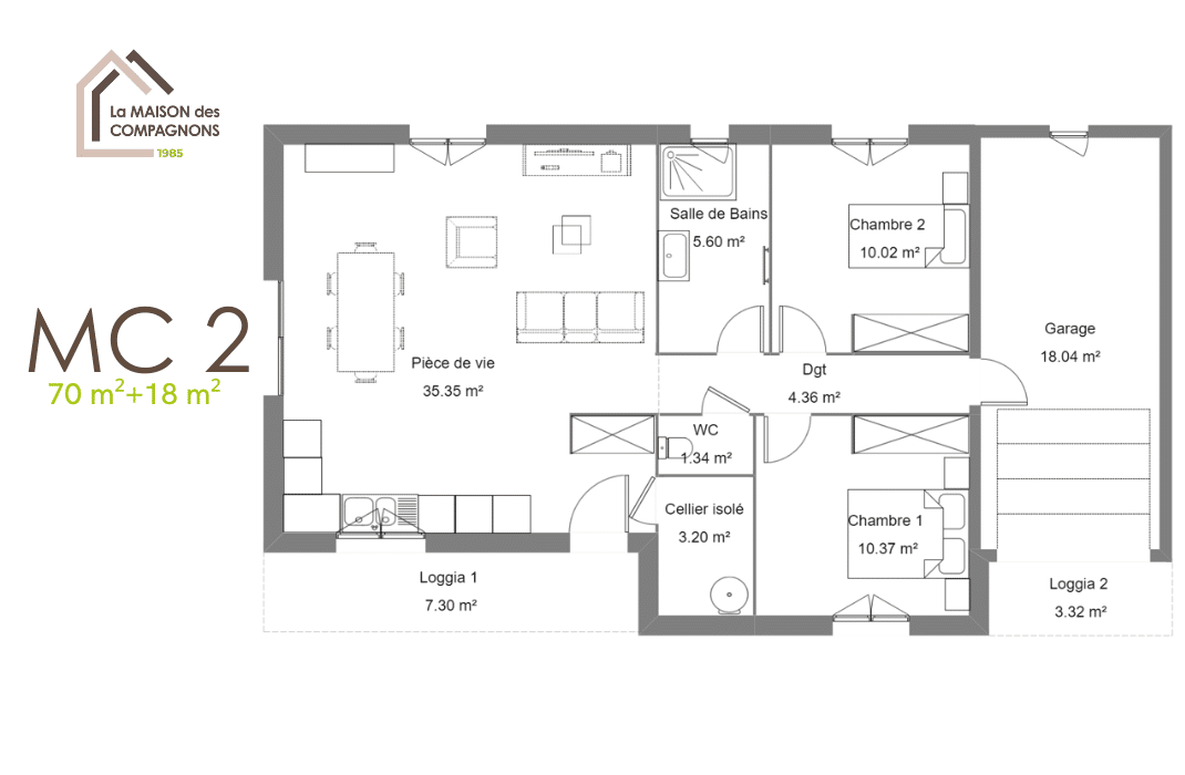MC2 (2) - maison rectangulaire de plain-pied abrité - Maison individuelle plain-pied - maison des compagnons - modele maison plain pied - plan maison - constructeur maison rhone alpes - construction maison individuelle