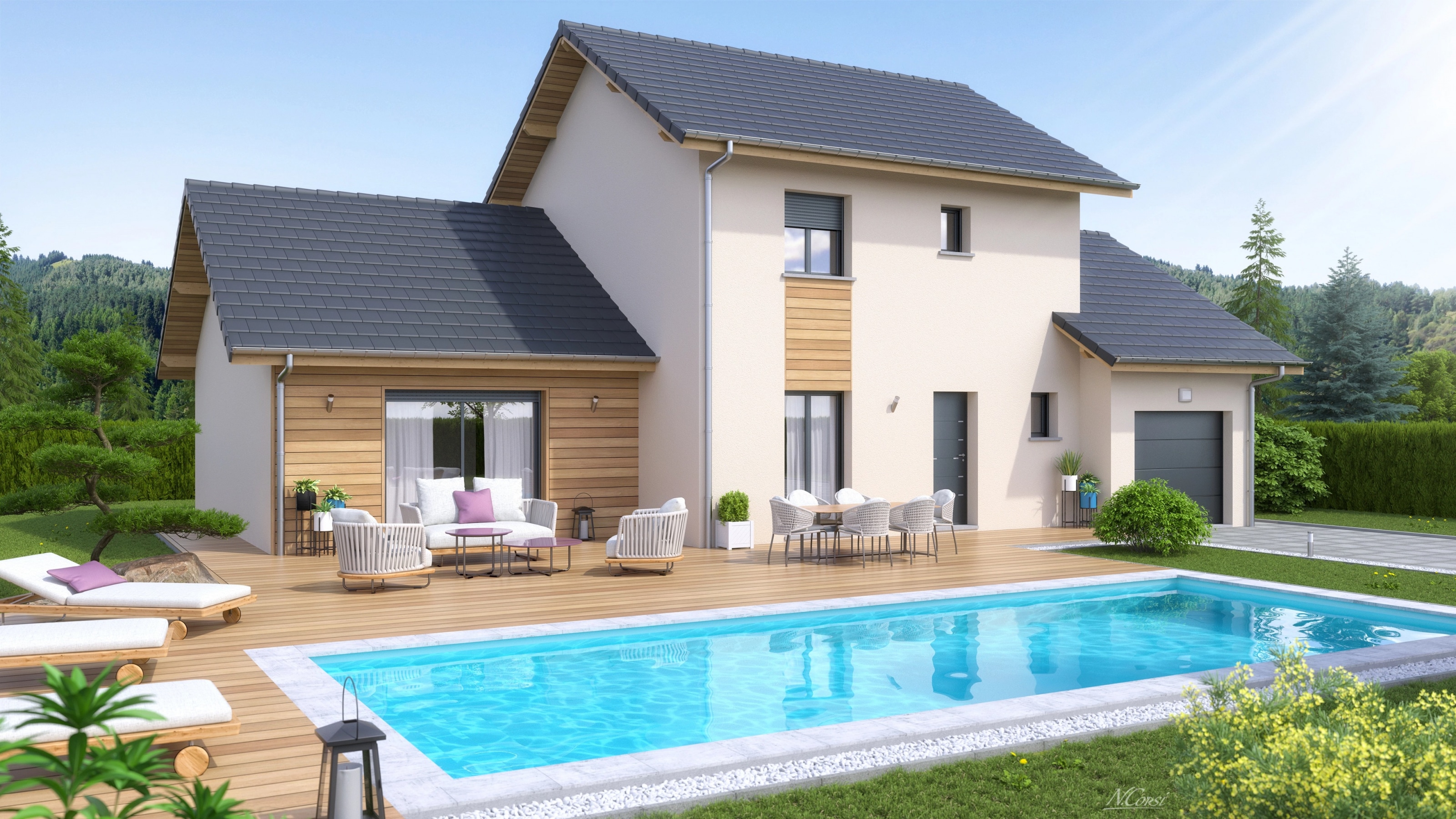 Maison à etage avec bardage bois