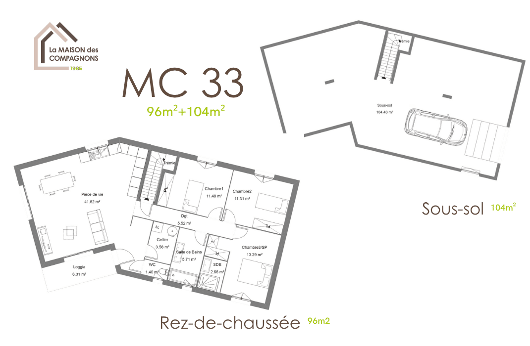 MC33 (2) - Maison sur sous-sol en V - maison sous sol en v - maison en v avec sous sol - modele de maison - maison biosourcée - modele maison 100m2 - maison des compagnons - constructeur maison