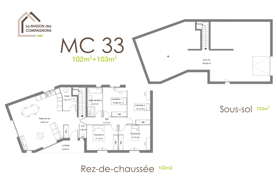 MC33 (3) - Maison sur sous-sol en V - maison sous sol en v - maison en v avec sous sol - modele de maison - maison biosourcée - modele maison 100m2 - maison des compagnons - constructeur maison