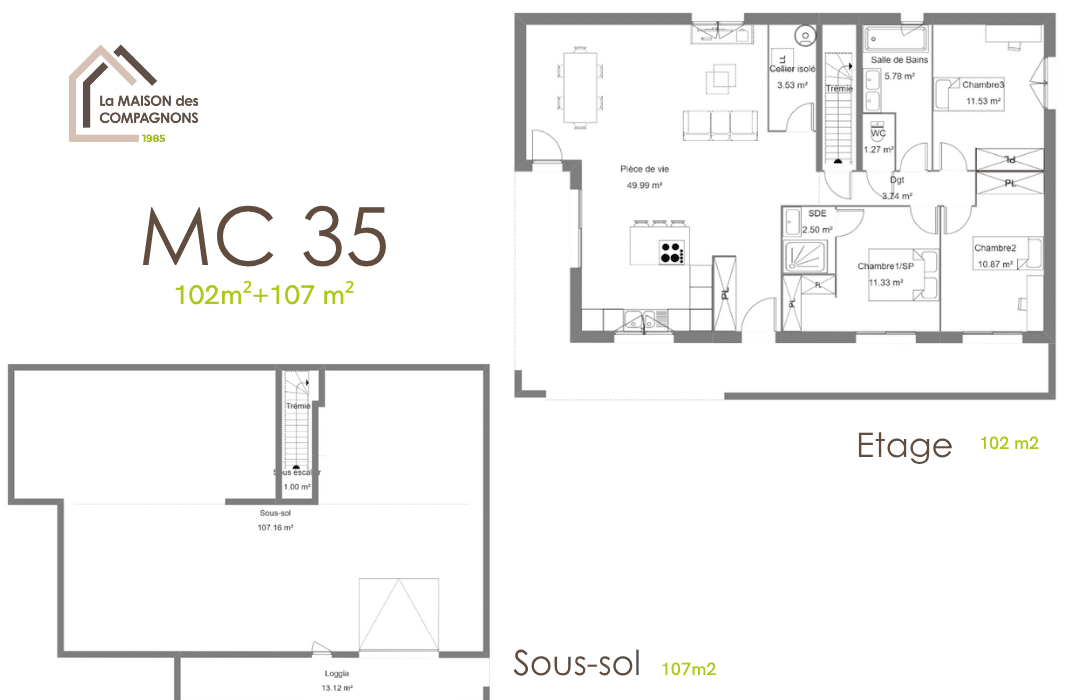 MC35 (2) - Maison sur sous-sol et loggia - maison sous sol - plan maison avec sous sol - modele maison sous sol - constructeur maison rhone alpes - maison clé en main - maison des compagnons