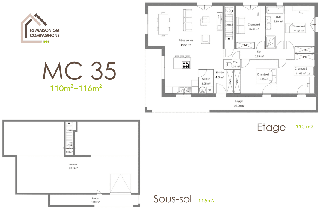 MC35 (5)- Maison sur sous-sol et loggia - maison sous sol - plan maison avec sous sol - modele maison sous sol - constructeur maison rhone alpes - maison clé en main - maison des compagnons