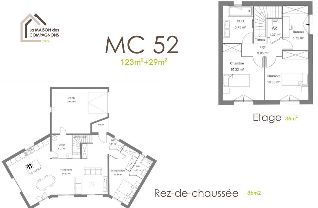 MC52 (1) - Maison à étage en Y - modele maison a etage - plan maison etage - maison clé en main - constructeur de maison individuelle - construction maison - etape construction maison - maison biosourcée