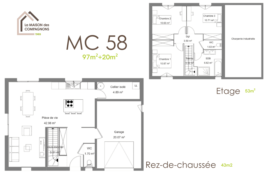 MC58 (1) - Maison à étage pour petit terrain - modèle de maison petit terrain - plan maison à étage - maison a etage petit terrain - constrcteur de maison individuelle - maison clé en main - maison des compagnons - maison biosourcée