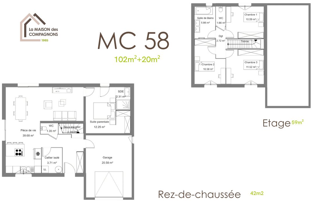 MC58 (2) - Maison à étage pour petit terrain - modèle de maison petit terrain - plan maison à étage - maison a etage petit terrain - constrcteur de maison individuelle - maison clé en main - maison des compagnons - maison biosourcée
