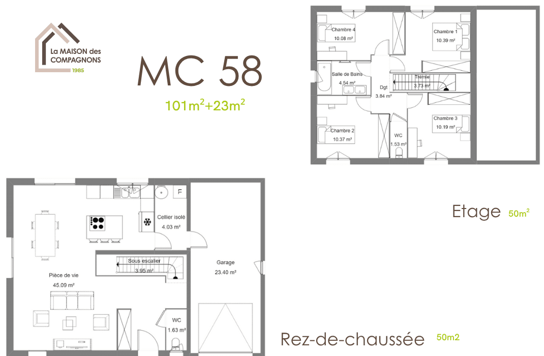 MC58 (3) - Maison à étage pour petit terrain - modèle de maison petit terrain - plan maison à étage - maison a etage petit terrain - constrcteur de maison individuelle - maison clé en main - maison des compagnons - maison biosourcée