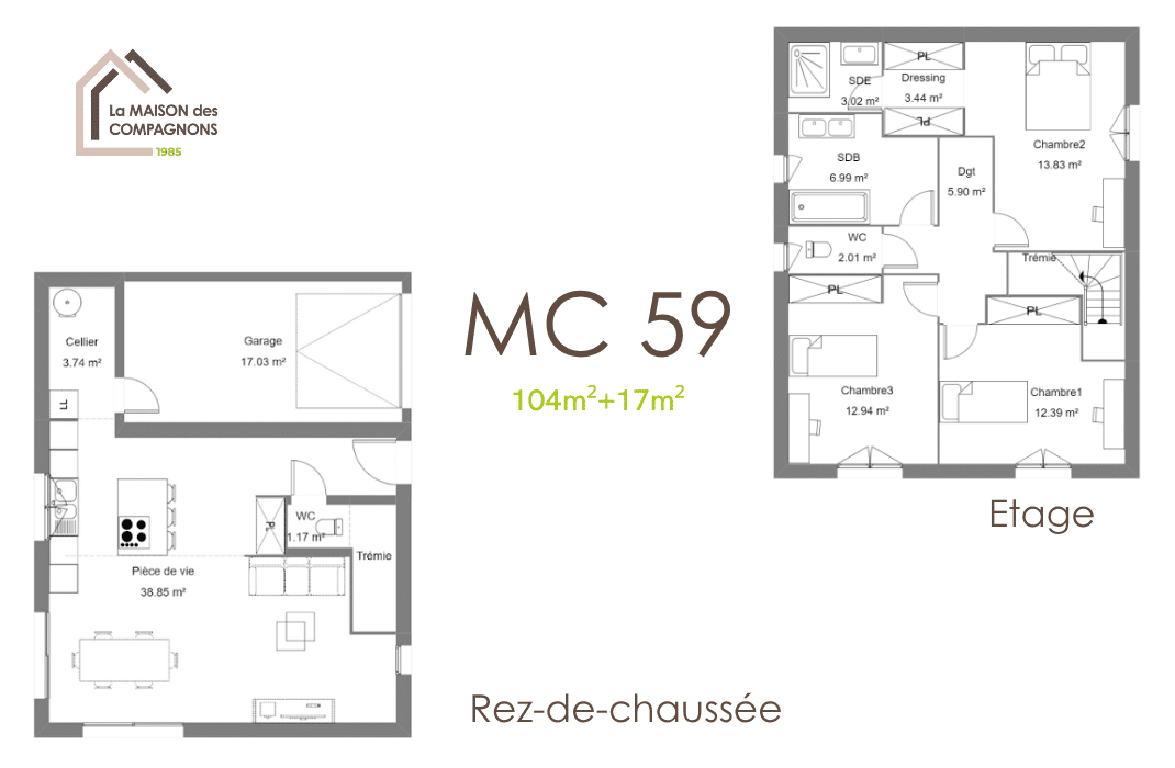 MC59 (1) - Maison à étage avec loggia pour petit terrain - maison 4 chambres petit terrain - plan maison 3 chambres - maison clé en main - la maison des compagnons - construction maison - maison sur mesure - maison personnalisable - maison passive