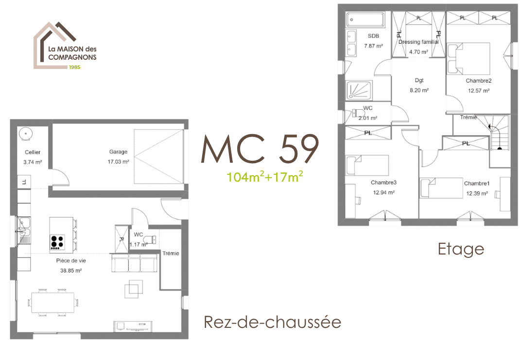 MC59 (2) - Maison à étage avec loggia pour petit terrain - maison 4 chambres petit terrain - plan maison 3 chambres - maison clé en main - la maison des compagnons - construction maison - maison sur mesure - maison personnalisable - maison passive