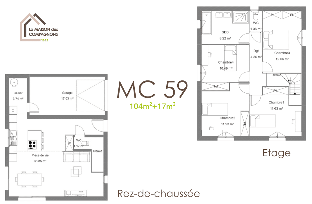 MC59 (3) - Maison à étage avec loggia pour petit terrain - maison 4 chambres petit terrain - plan maison 3 chambres - maison clé en main - la maison des compagnons - construction maison - maison sur mesure - maison personnalisable - maison passive