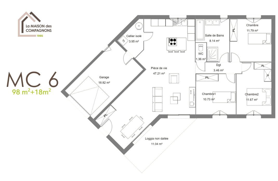 MC6 (1) - constructeur maison - maison biosourcée - plan maison - modele maison - maison en v - plan maison fonctionnelle - maison des compagnons - plan maison neuve