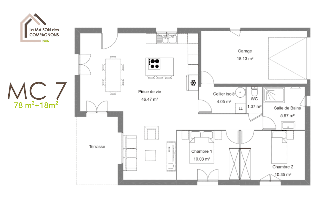 MC7 (1) - maison avec terrasse - plan maison - modele maison - constructeur maison - maison des compagnons - maison biosourcée - maison écoresponsable - économie d'énergie