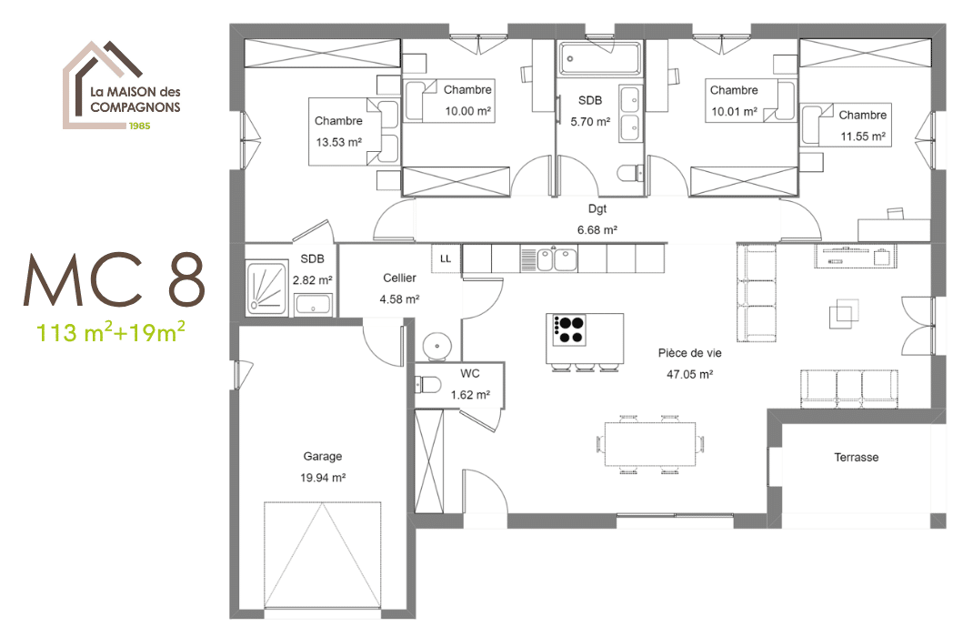 MC8 (4) - maison avec garage - plan maison - constructeur maison individuelle - la maison des compagnons - maison biosourcée - maison durable - maison 3 chambres - plan maison - construction maison neuve