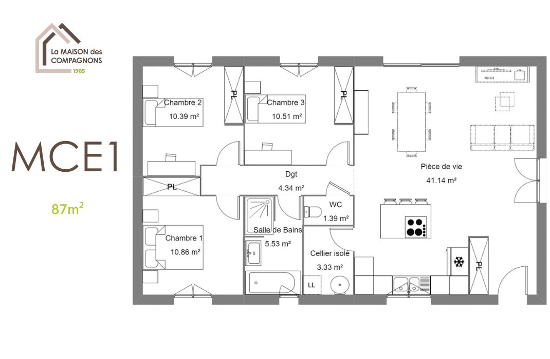 MCE1 - plan maison sans garage - modele de maison plain pied - maison plain pied - maison 80m2 - maison 90m2 - plan maison gratuit - la maison des compagnons - constructeur rhone alpes - constructeur - constructeur maison individuelle