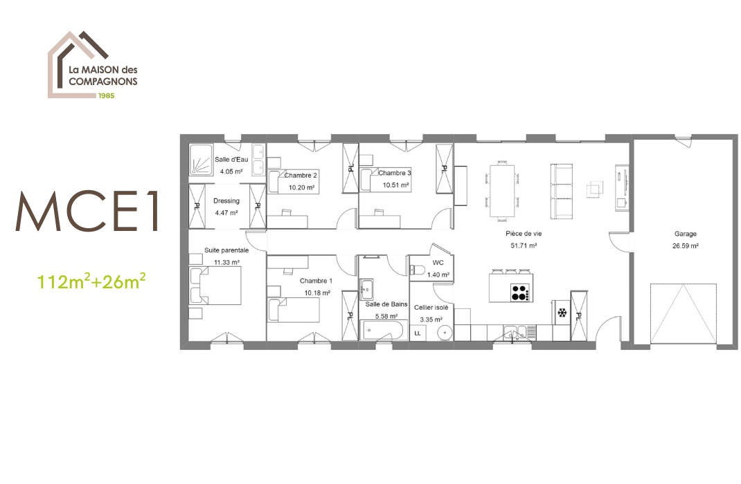 MCE1 - plan maison avec garage - modele de maison plain pied - maison plain pied - maison 115m2 - maison 110m2 - plan maison gratuit - la maison des compagnons - constructeur rhone alpes - constructeur - constructeur maison individuelle