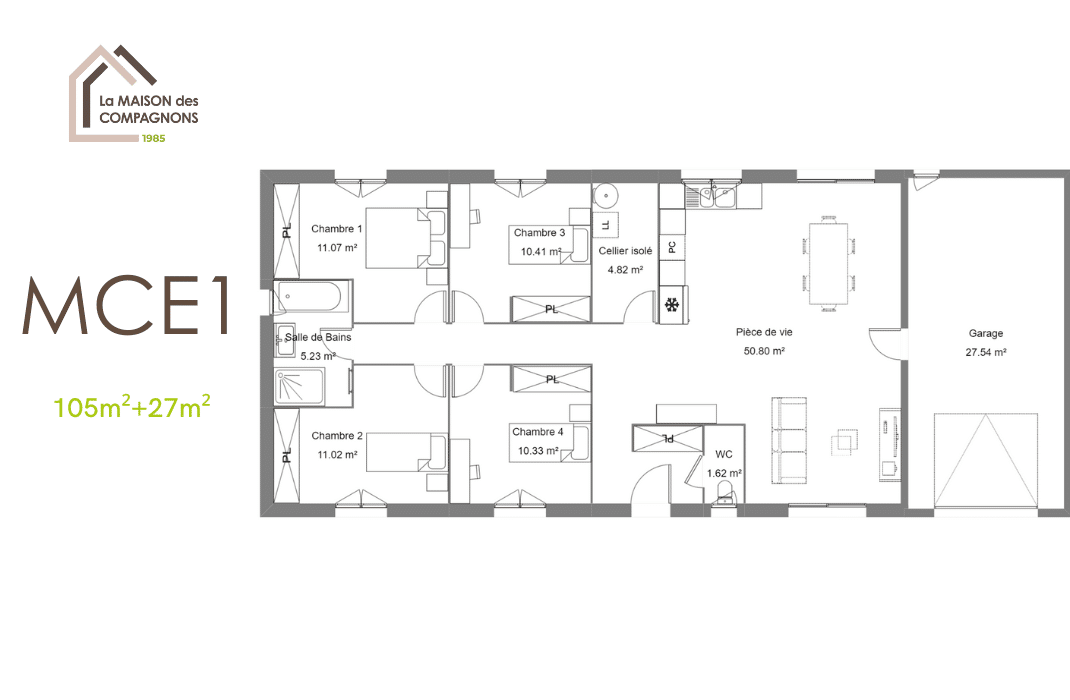 MCE1 - plan maison avec garage - modele de maison plain pied - maison plain pied - maison 115m2 - maison 100m2 - plan maison gratuit - la maison des compagnons - constructeur rhone alpes - constructeur - constructeur maison individuelle