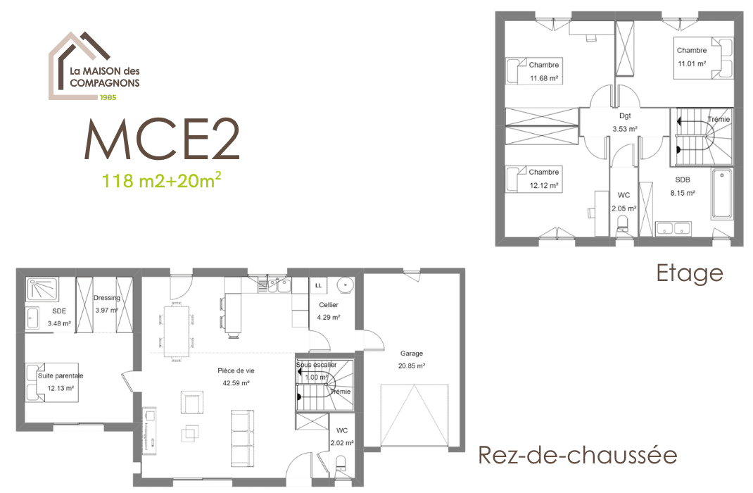 MCE2 118+20m2 - maison 3 chambres - maison 120m2 - modele maison avec garage - maison a etage - modele maison a etage - plan maison a etage - constructeur rhone alpes - construction maison - constructeur maison individuelle