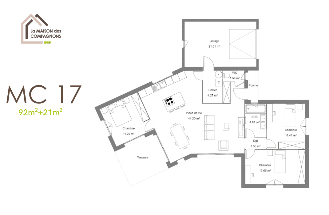 MC17 (1) - maison en y - plan maison en y - modele maison - constructeur maison rhone alpes - maison biosourcée - plan de maison - construction maison individuelle - maison des compagnons -