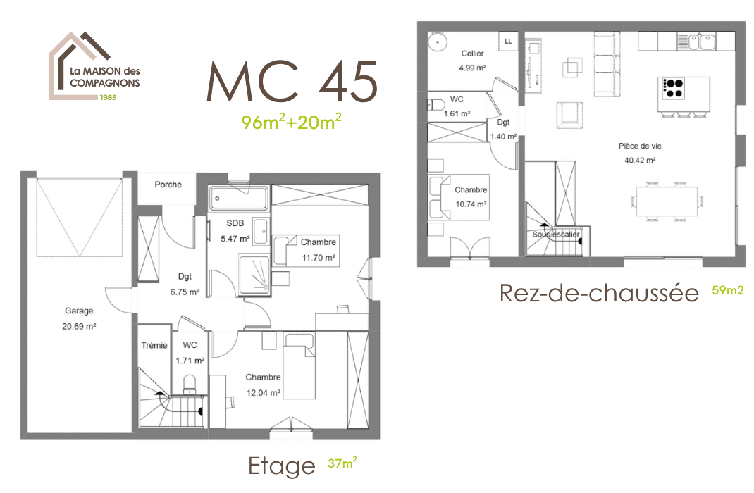 MC45 (1) - Maison à étage demi-niveau - maison toit plat - modele de maison - maison clé en main - la maison des compagnons - constructeur de maison individuelle rhone alpes - maison biosourcée - maison passive - catalogue maison - maison sur mesure