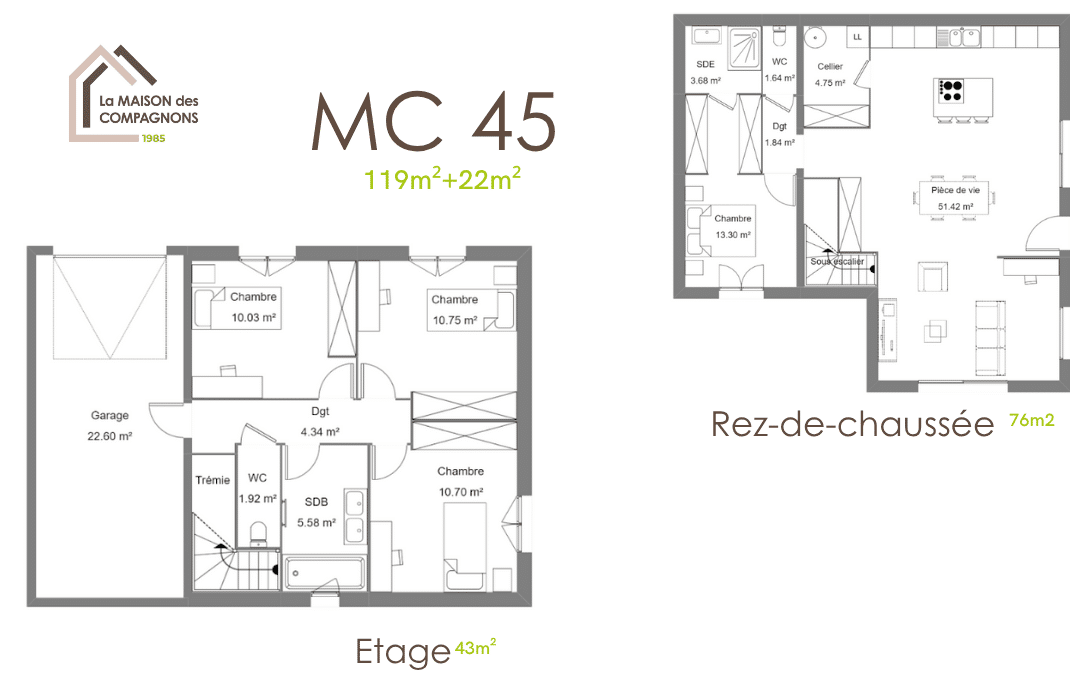 MC45 (5) - Maison à étage demi-niveau - maison toit plat - modele de maison - maison clé en main - la maison des compagnons - constructeur de maison individuelle rhone alpes - maison biosourcée - maison passive - catalogue maison - maison sur mesure