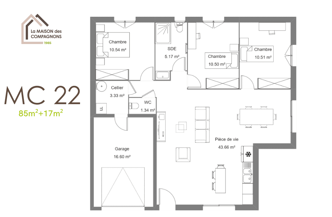 MC22 - Maison individuelle de plain-pied et rectangulaire - maison plain pied - maison biosourcée - plan maison - modele maison - modèle de maison - maison avec garage