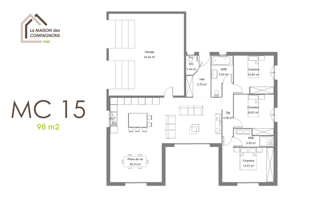 MC15 (1) - constructeur maison - maison en u - modele maison en u - maison biosourcée - construction maison individuelle - maison plain pied - plan maison - plan maison avec garage - maison des compagnons