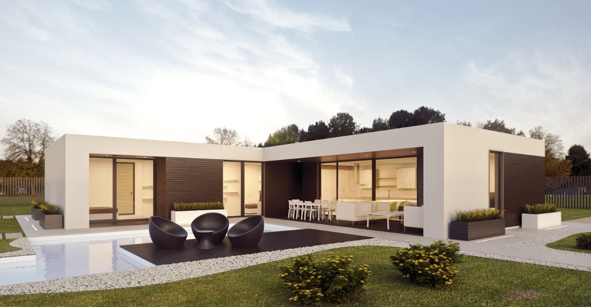 Maison moderne en L avec jardin et piscine, illustration des différents modèles de maisons proposés par La Maison Des Compagnons